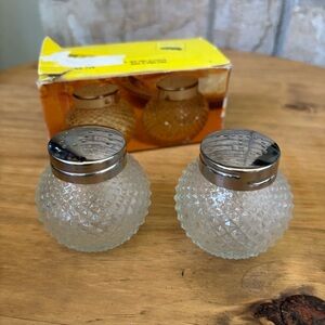 Vintage Round Textured Glass Salt and Pepper Shakers with Silver Top 2.25" Retro